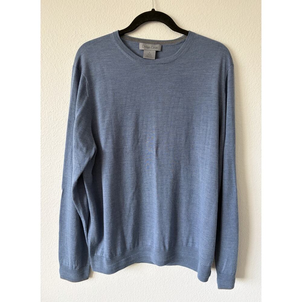 Dylan Gray Blue Wool Silk Cashmere Tight-Knit Pullover Sweater XL Crew Neck
